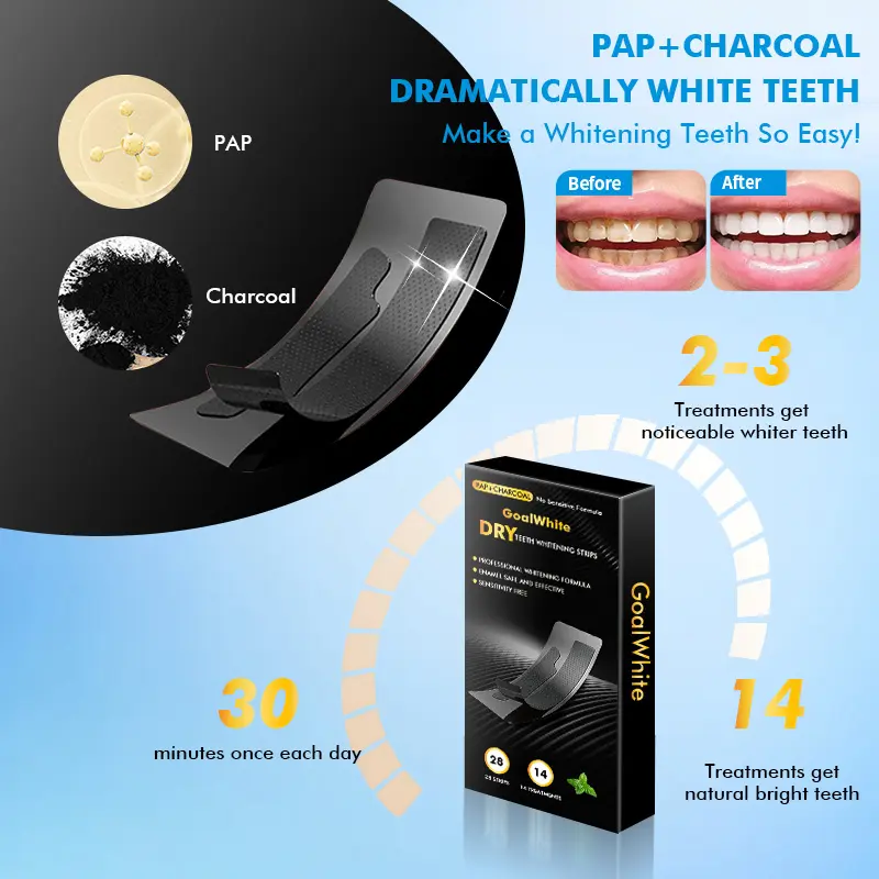 Custom Advanced 3D/5D Non-peroxide PAP+ Charcoal Dry Teeth Whitening Strips With Private Box