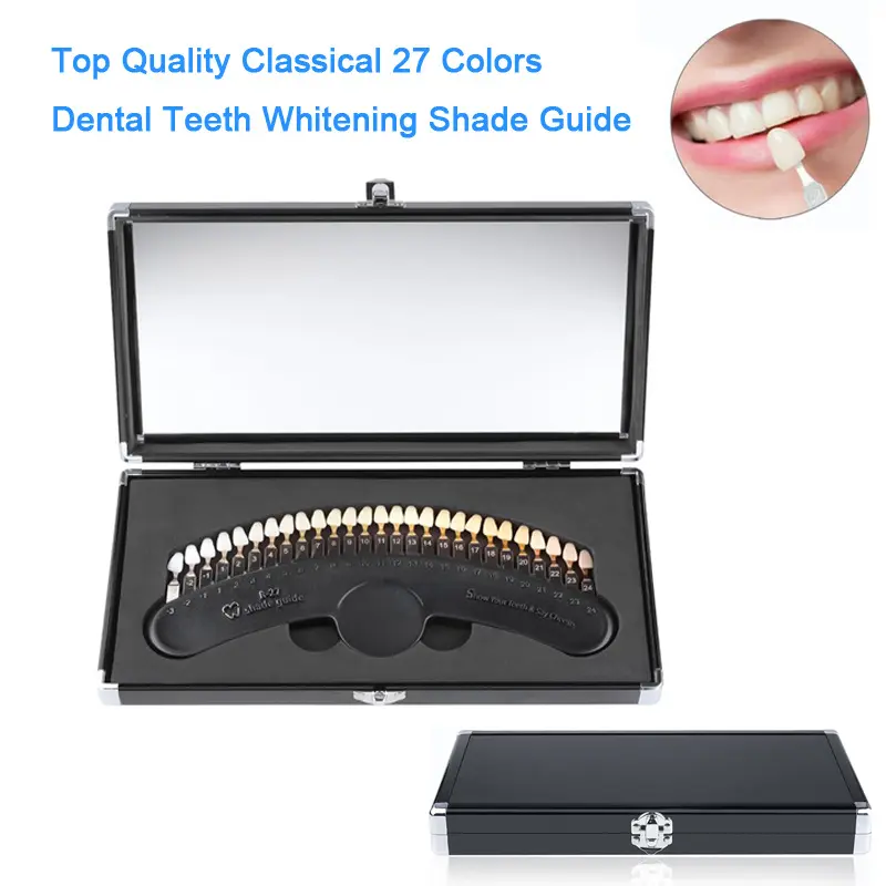 27 Colors 3D Teeth Whitening Shade Guide Professional Porcelain Dental Bleaching Shade Chart With Mirror Teeth Color Contrast Classical Dental Bleaching Shade Tab for Dental Clinic Beauty Salon Use